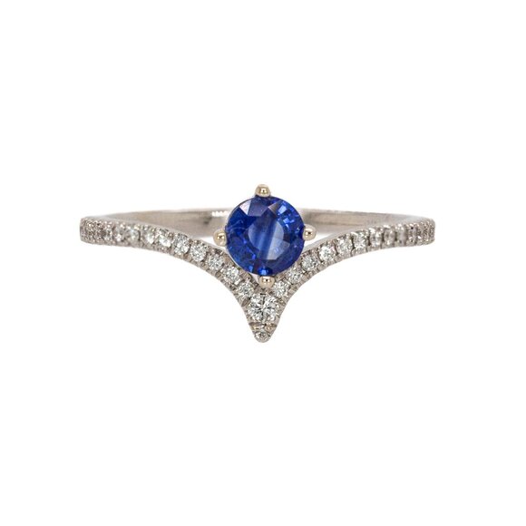 Ceylon Blue Sapphire Ring in 14K Solid Gold with Chevron Diamond Pavé Shank - Picture 1 of 8